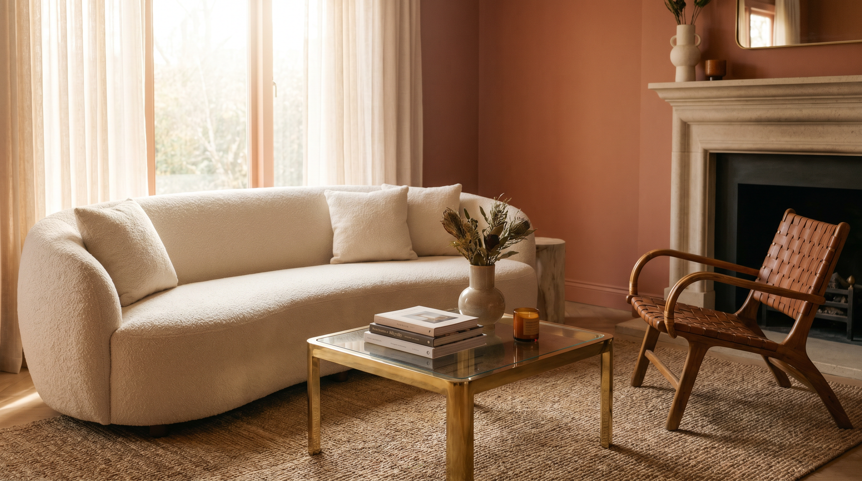 A warmly lit, elegantly staged living room with a cream sofa, brass coffee table and vintage leather armchair