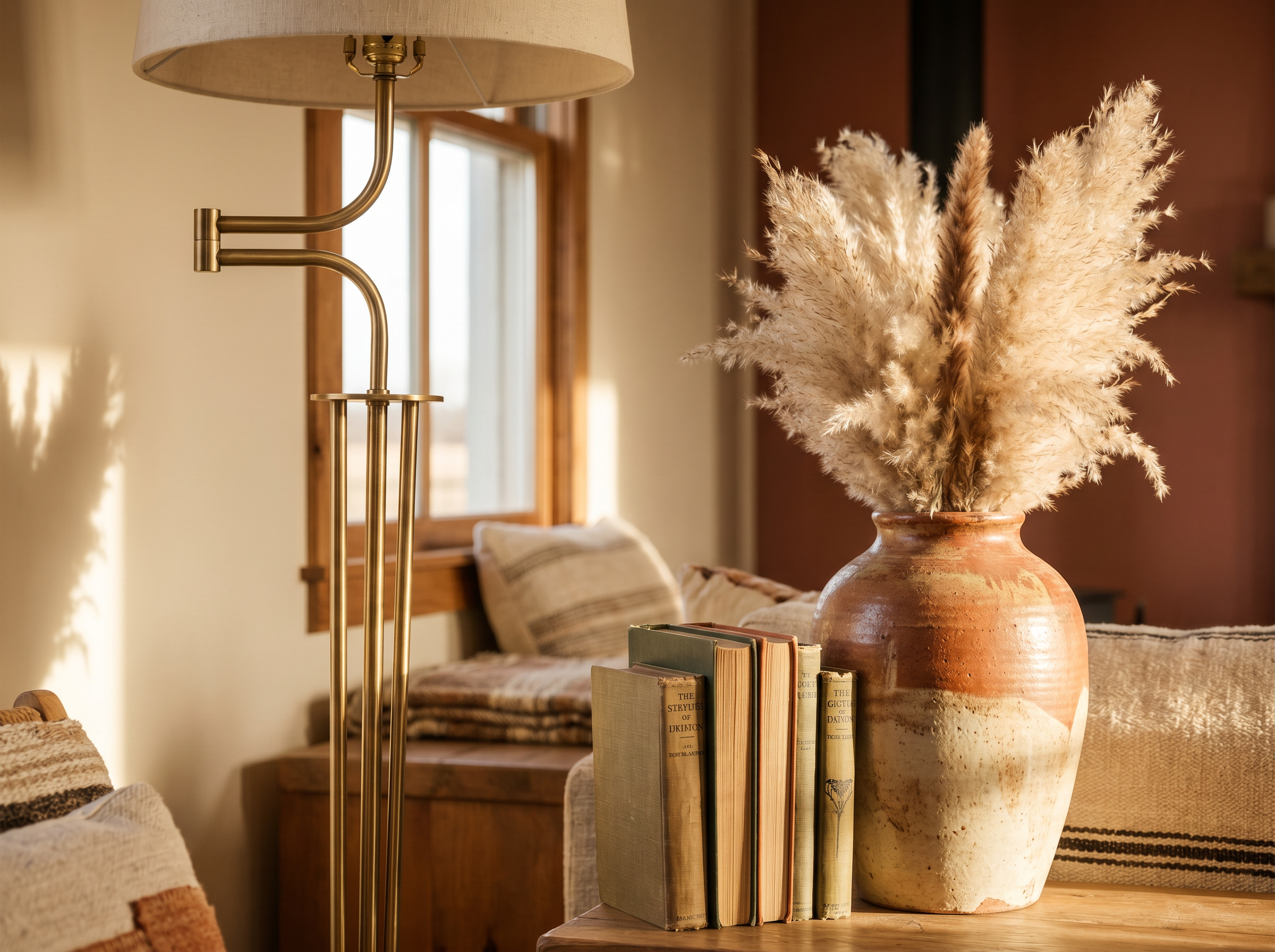 A curated still life of a brass floor lamp, vintage books and a ceramic vase with dried pampas grass